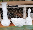 Vtg Hobnail Milk Glass Vase Brody/ Fenton Milk Glass Serving Bowl & Bell