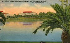 1943 St. Petersburg FL Junior High School Mirror Lake Palm Trees Postcard