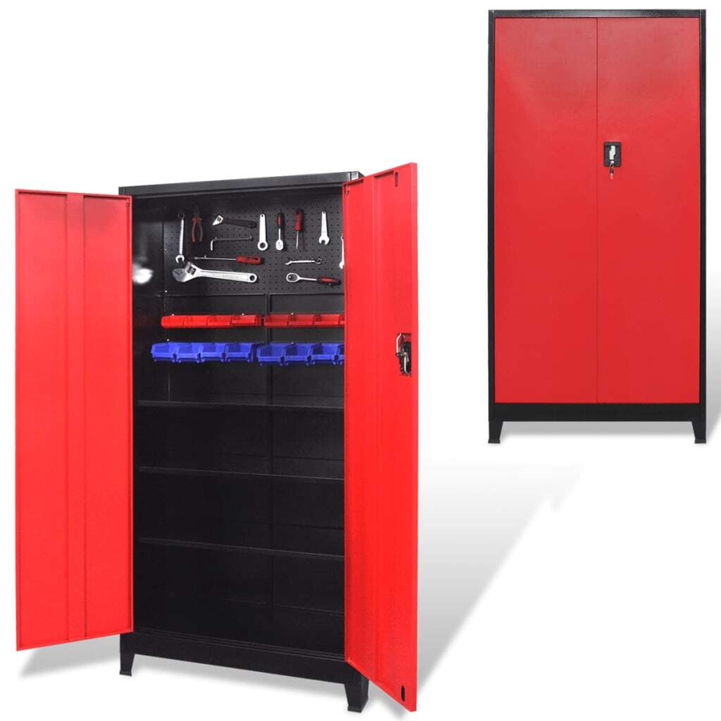 Armadio Portautensili 2 Ante Acciaio Nero Rosso Porta Attrezzi Officina vidaXL