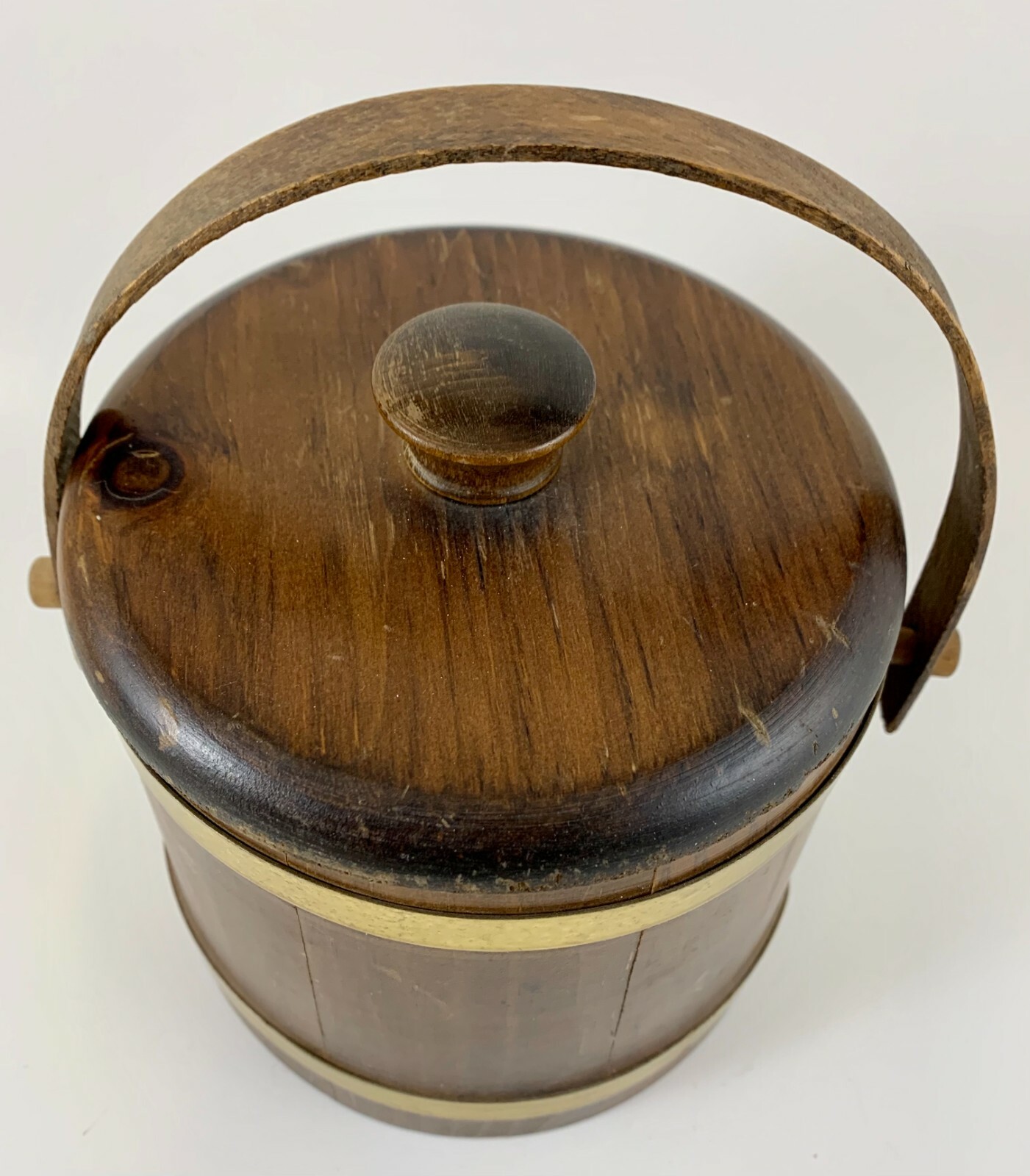 Vintage Wooden Firkin Sugar Bucket Swing Bent Handle Primitive Americana Decor