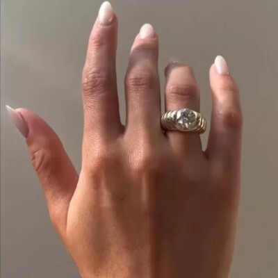 3.8 Ctw Round Real Moissanite 14K Yellow Gold Over Curved Wave Engagement Ring