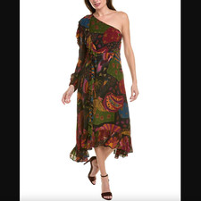 $280 Farm Rio Floral One Shoulder Crazy Mix Print Tropical Midi Dress Size XS