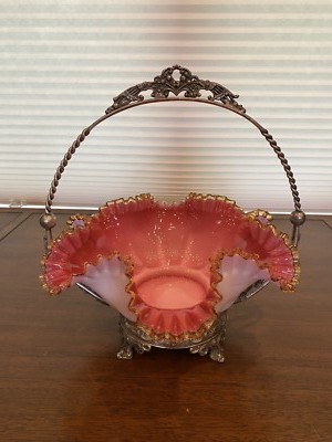 ANTIQUE DAVIDSON ENGLAND Pink Amber Crested Brides Basket/Bowl W/Holder 12''H