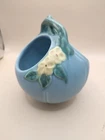 Vintage Blue Weller Pottery Vase w Periwinkle Flowers Basket Pot w Handle F-19