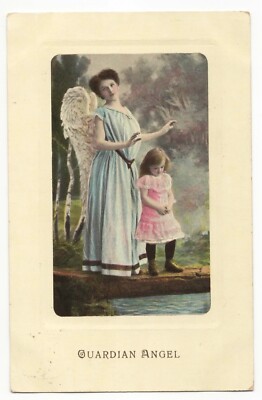 Postcard religion, guardian angel behind little girl by the water