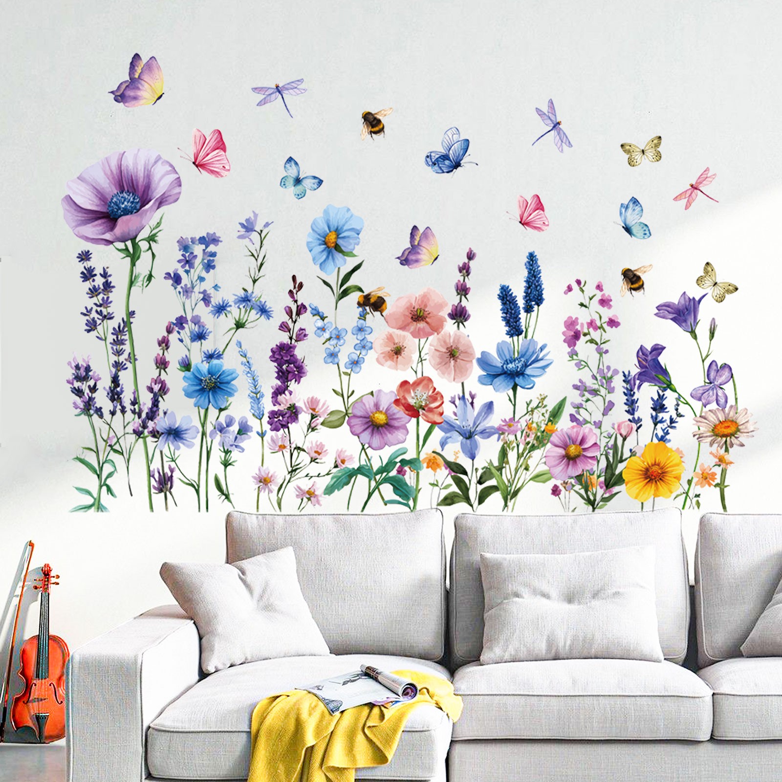 Watercolor Floral Wall Stickers with Colorful Dragonflies, Peel and Stick Mural
