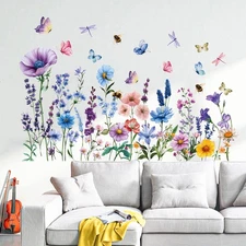 Watercolor Floral Wall Stickers with Colorful Dragonflies, Peel and Stick Mural