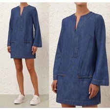 Zimmermann Wylie Railway Denim Pocket Wide Sleeve Mini Dress Blue Size 2 US 8