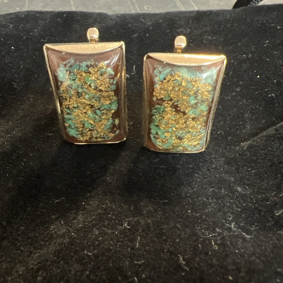 Vintage Hickok Cufflinks Turquoise Chip Gold Flake Lucite Inlay Rectangular... - Image 3 of 3