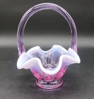 Fenton Lavender Opalescent Glass Basket Bowl W/ Lambs Tongue Pattern 6” Tall