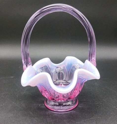 Fenton Lavender Opalescent Glass Basket Bowl W/ Lambs Tongue Pattern 6” Tall