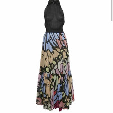 CHANEL Silk Chiffon Maxi Dress FR 36 Black Abstract Collared Sleeveless