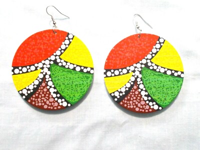RASTA RED YELLOW GREEN BLACK WHITE REGGAE ROUND WOODEN EARRINGS 3 1/4'' DROP