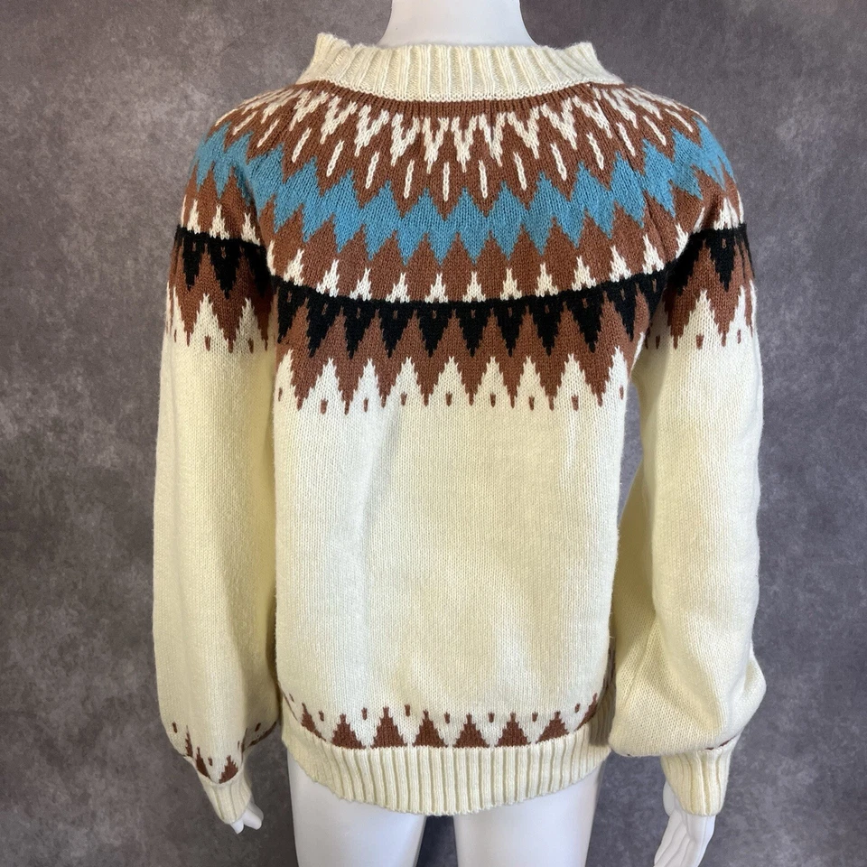 Panache Sweater Womens Medium Ivory Brown & Blue Fair Isle Crew Neck Cozy Comfy - Image 4 of 4