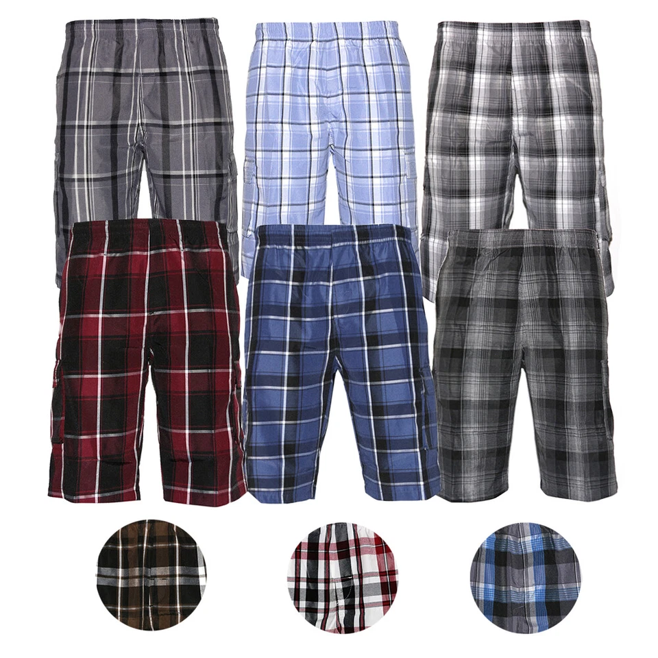 Mens Plaid Cargo Shorts Multiple Pockets Drawstring Casual Lose Fit