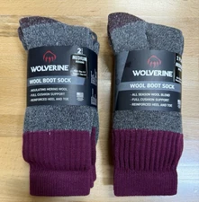 Wolverine Women's Wool Boot Socks sz M 6-9 MAROON Lot of 2 pks   4 Pairs Total