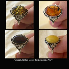 BALTIC GREEN BUTTERSCOTCH CHERRY or HONEY AMBER STERLING SILVER LEAF RING