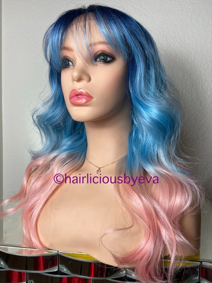 Peluca Pastel Arco Iris Ombré Bangs Azul Claro Rosa Encaje Frontal 20” Largo Calor Ok Foto 3 de 4