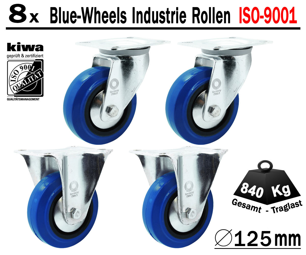 Blue Wheels Industrie Transport Lenk Rollen 8 x Ø 125mm Le-Bo/ BS-Rollen Germany