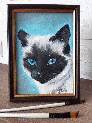 Siamkatze blaue Augen Gemälde Haustier Original Kunst gerahmt 7 x 5 Katze Ölg...