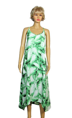 SHOW ME YOUR MUMU Womens L Asymmetrical Midi Sundress Green Leaves Pattern Lined