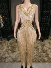 Women Gold Sequins Rhinestones Jumpsuit Sleeveless Singer Costume Stage Wear