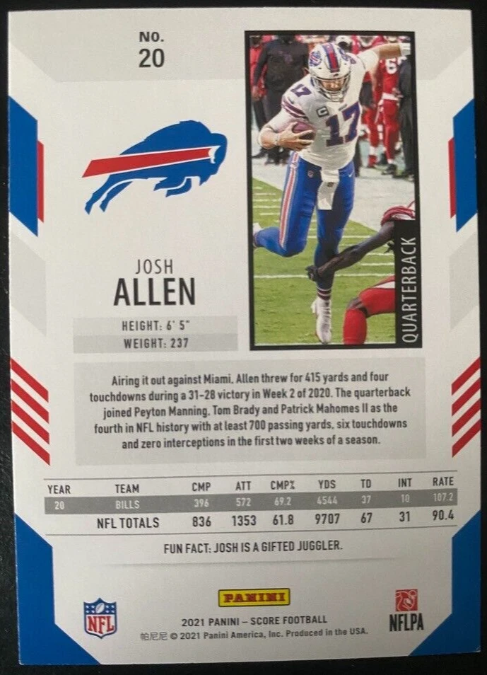 Josh Allen 2021 Panini Score #20 Buffalo Bills - Image 2 of 2