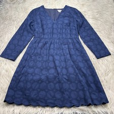 J.Crew Women's 8 Navy Blue Eyelet Dot Long Sleeve Fit Flare Dress Preppy Scallop