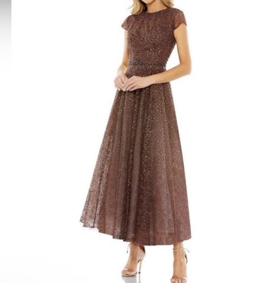 Mac Duggal  Chocolate/ Brown Embellished Cap Sleeve A Line Dress Size 4 New