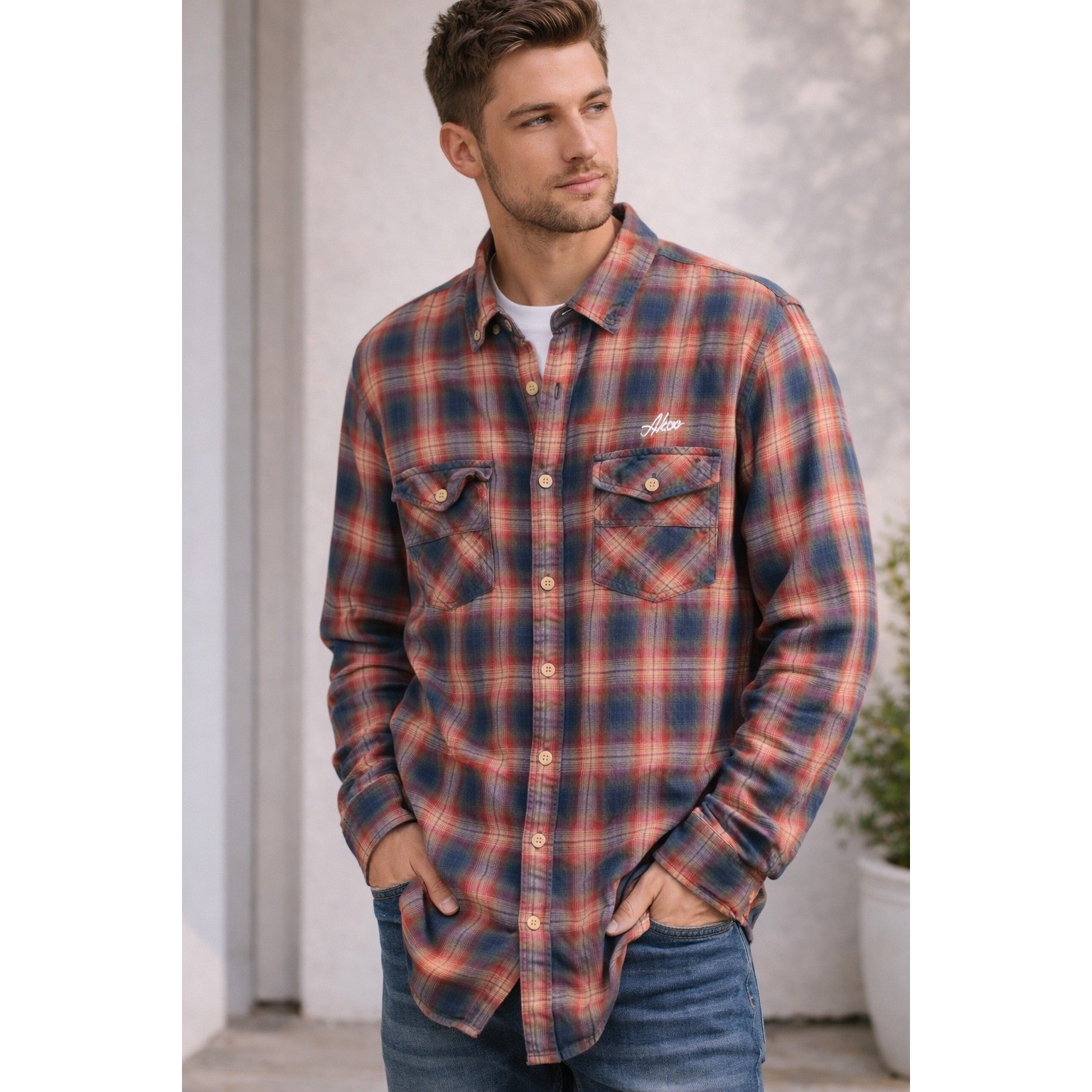 Akoo Shirt Mens Large Button-Up Long Sleeve Woven Plaid Check Casual Multicolor