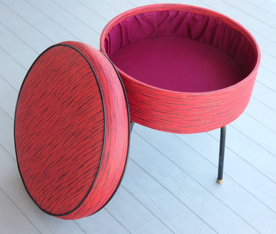 Vtg 50s MCM Red Atomic Kason Round Swivel Storage Vinyl Ottoman Footstool