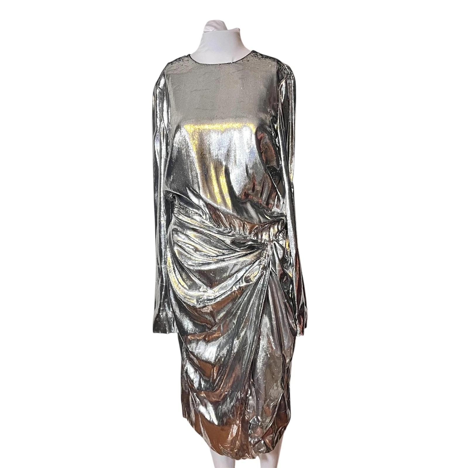 Saint Laurent — Saint Laurent Dress Womens 8 Silver Metallic Lame Ruched Long Sleeve Midi France