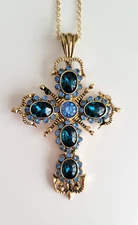 Cross Pendant Ornate with shades of blue stone accents Gold Tone New with Tag