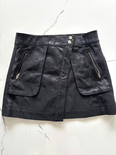 Women s Black Solid Faux Leather Mini Skirt Size L Mid Rise Button Zip Pockets