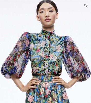 Alice + Olivia ILAN SMOCKED SLEEVE BUTTON FRONT BLOUSE sz Medium tetail $395