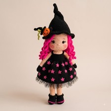 45cm Crochet Witch Doll Halloween with Cauldron, Broom, Spider and Bat Balloon