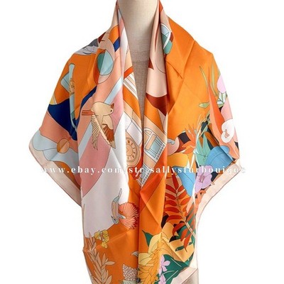 Sally 100% Twill Silk Wrap Scarf Stole Flower Horse Print Large Square Shawl 53''
