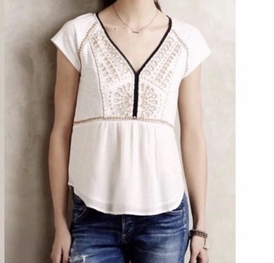 Akemi + Kin V Neck Anthropologie Peplum Hem Embroidered Top Shirt XS X-Small