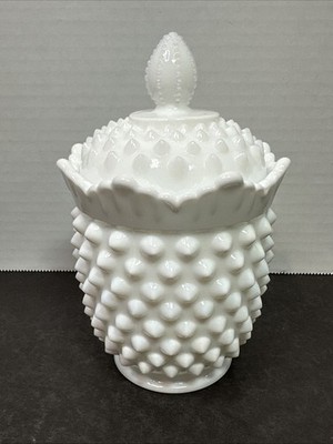 Fenton White Milk Glass Hobnail Sugar Bowl - Jar - Candy Bowl With Lid **Chip