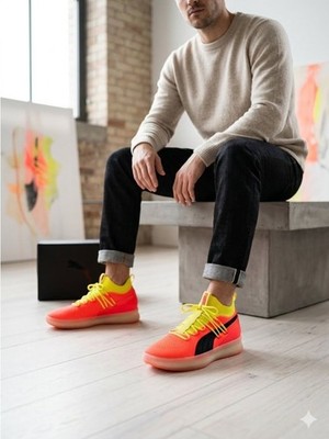 PUMA Sneakers Clyde Court Disrupt Red Blast Neon Yellow Basketball men s sz 11.5
