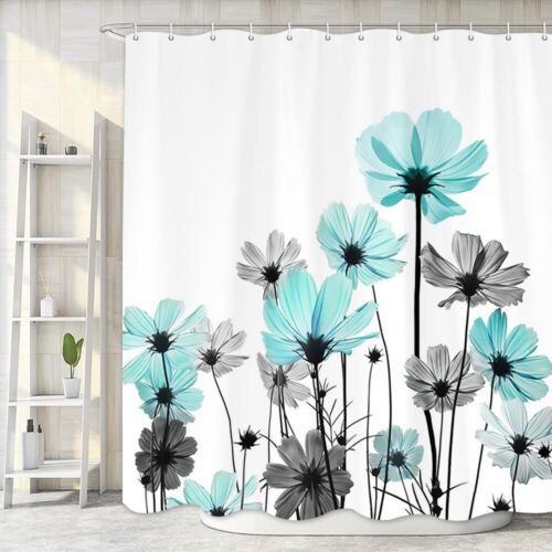 Teal Shower Curtain, Rustic Elegant Floral Turquoise and Gray Daisy Flower Ba...