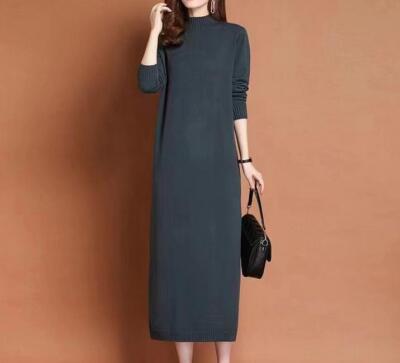 Women's Spring Autumn knitted dress Loose Long Sleeve Pullover Long Skirt Chic 