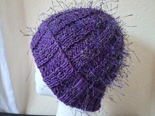 Hand knitted warm fuzzy wool beanie/hat, purple with gold