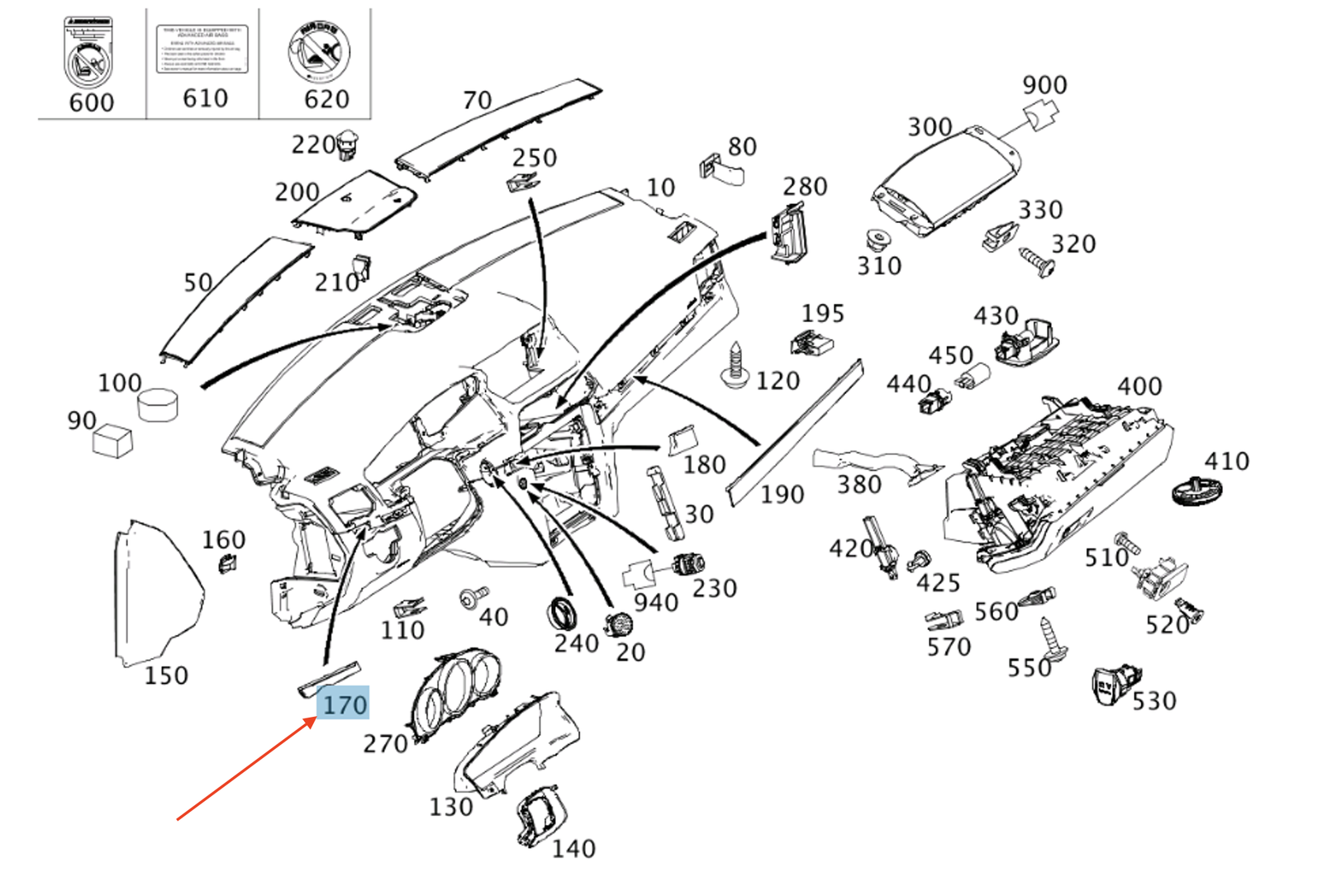 MB E Coupe C207 Front Instrument Panel Trim Bar Left LHD A2076801871