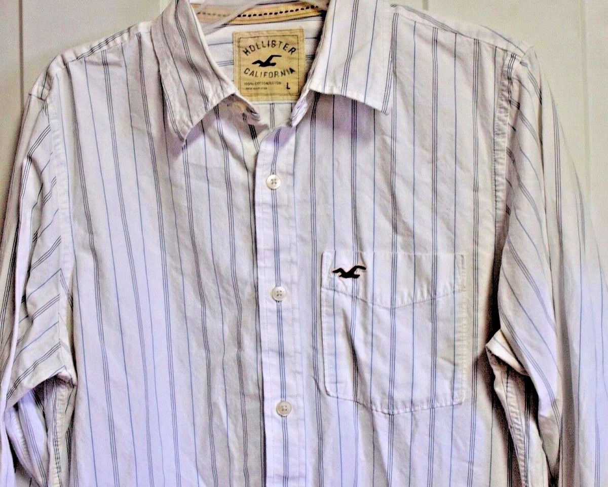 Hollister Men's Size Large White Blue Striped Long Sleeve Dress Shirt