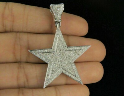 Men's 14K White Gold Over Diamond Star Pendant Charm 1.35 CT 1.75''