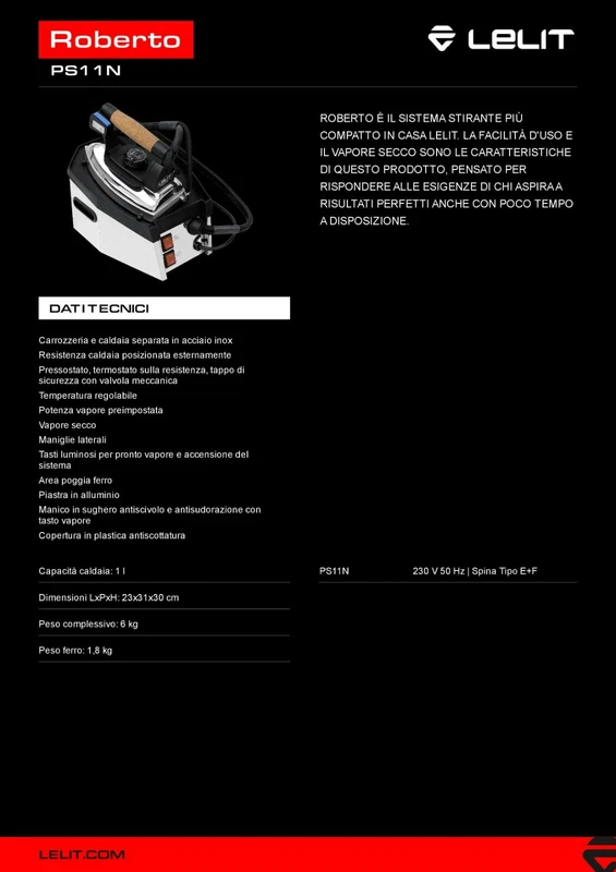 Ferro da Stiro Professionale Lelit PS11N con Caldaia 1 Litro Vapore Secco Inox, fotografia 9 di 9