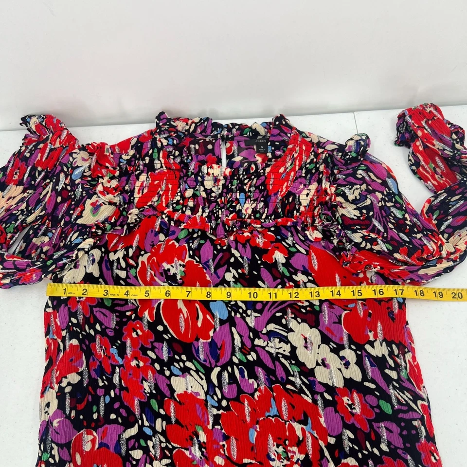 Blusa J.Crew Holiday Shimmer S Floral Metálica Volantes Cuello Puño Calado Fiesta Foto 4 de 4