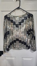 Vintage 70s Black Gray Silver Sequin Top Dolman Sleeves Disco Glam