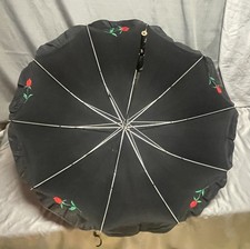 Vintage Umbrella Parasol Black w/ Stitched Roses  Wood Handle 34  x 28  
